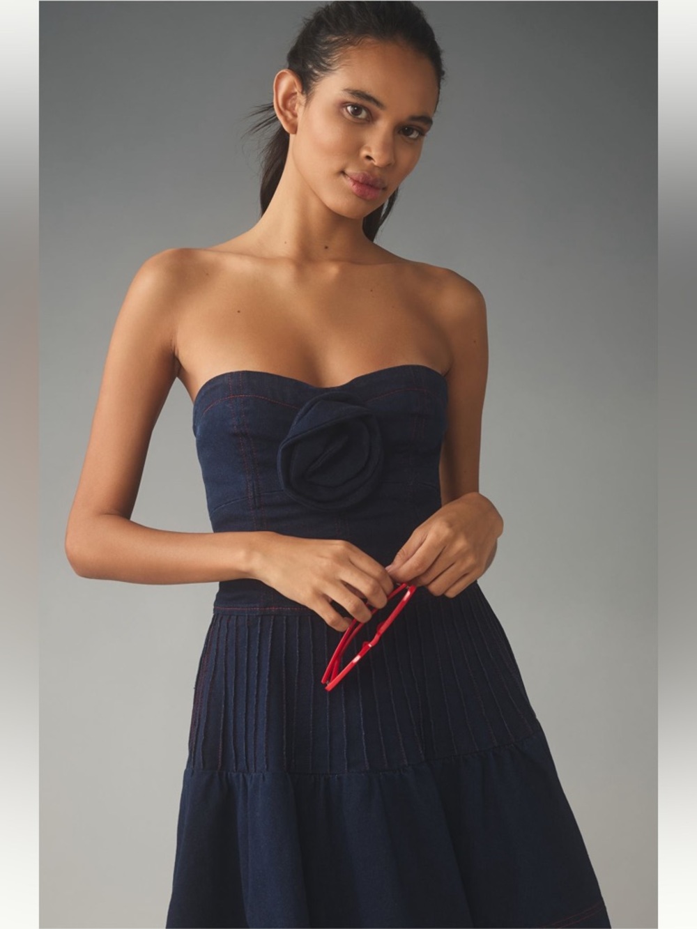 Maeve Anthropologie Rosette Strapless Fit & Flare Denim Mini Dress Size 10 NWOT - Picture 3 of 7